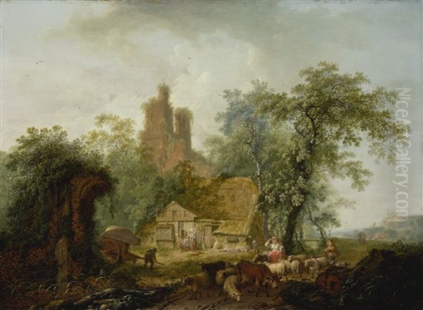 A Wooded Landscape With Ruins And A Shepherdess Leading Her Flock Oil Painting by Hendrick de Meyer the Younger