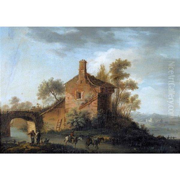 Flusslandschaft Mit Bauernhaus Und Reisenden Oil Painting by Hendrick de Meyer the Younger