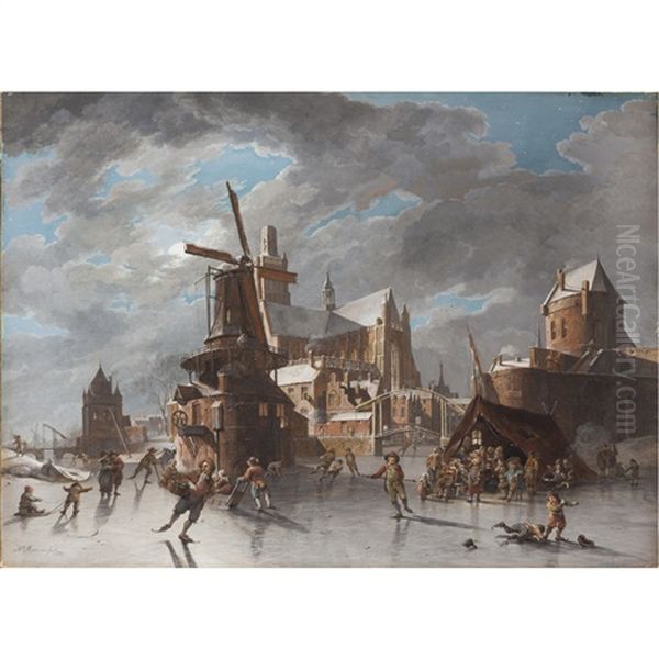 A Busy Dutch Townscape With Figures Skating On A Frozen Canal By Moonlight Oil Painting by Hendrick de Meyer the Younger