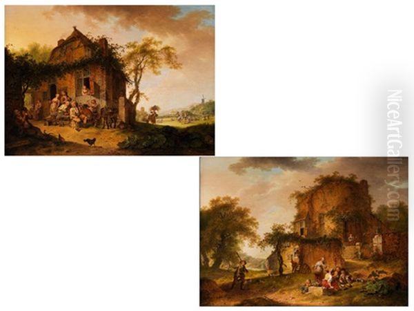 Alte Gebaude In Landschaft Mit Mehrfigurigen Landlichen Szenen (pair) Oil Painting by Hendrick de Meyer the Younger