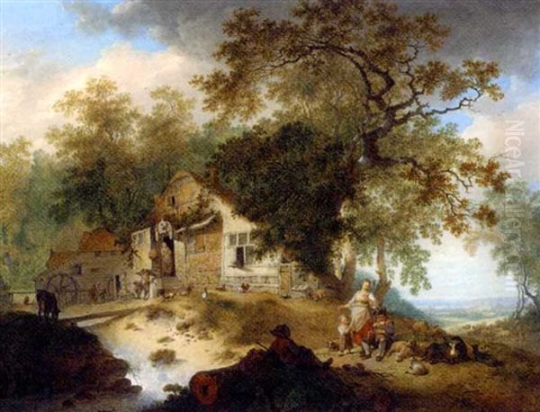 A Wooded River Landscape With Peasants Resting By A Cottage Oil Painting by Hendrick de Meyer the Younger