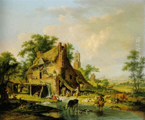 A Watermill With Farmyard Animals And Peasants, A Landscape Beyond Oil Painting by Hendrick de Meyer the Younger