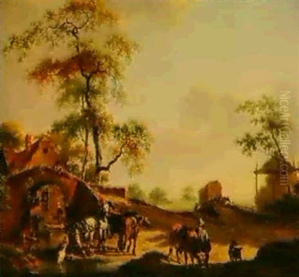 A Landscape With Two Bridges And Cattle And Horses          Watering By A Stream Oil Painting by Hendrick de Meyer the Younger