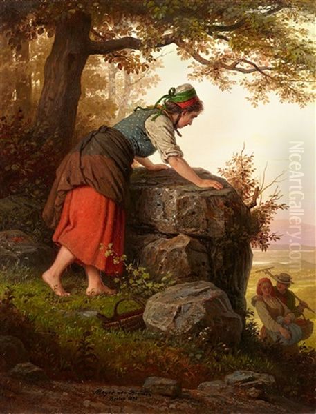 Young Woman At A Rock Oil Painting by Johann Georg Meyer von Bremen