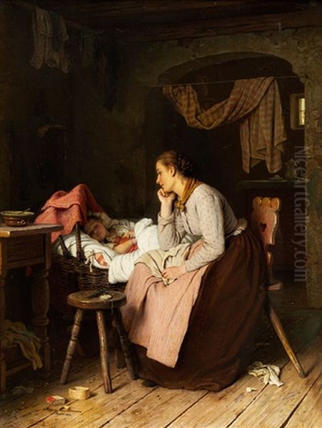 Am Kinderbettchen Oil Painting by Johann Georg Meyer von Bremen