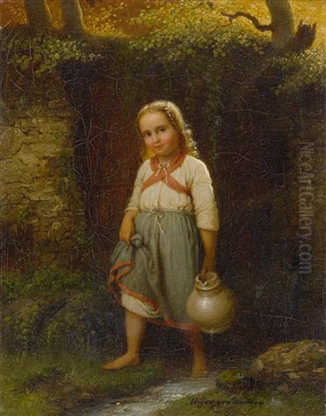 Small Girl With A Jug Oil Painting by Johann Georg Meyer von Bremen