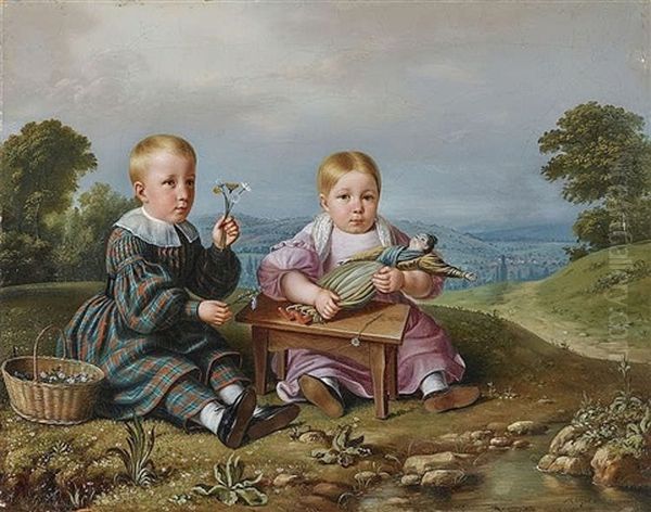 Geschwisterpaar In Wiesenlandschaft Oil Painting by Johann Georg Meyer von Bremen