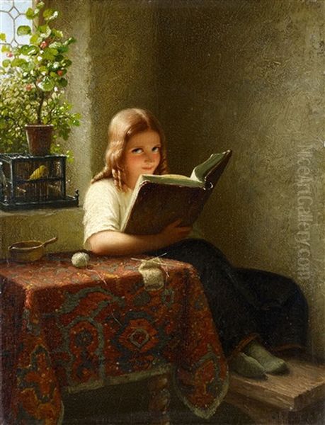 A Young Girl Reading At A Table Oil Painting by Johann Georg Meyer von Bremen