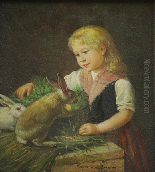 Young Girl With Rabbits Oil Painting by Johann Georg Meyer von Bremen