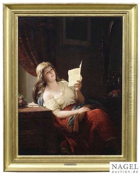 Young Girl Reading A Letter Oil Painting by Johann Georg Meyer von Bremen