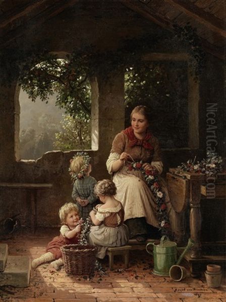 Junge Frau Und Drei Madchen Beim Binden Von Blumengirlanden Oil Painting by Johann Georg Meyer von Bremen