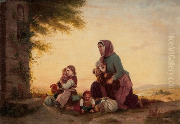 Mutter Mit Kindern Vor Einem Bildstock Oil Painting by Johann Georg Meyer von Bremen