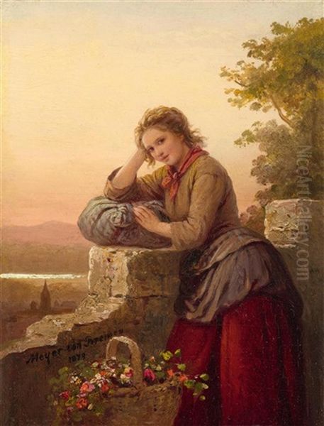 Flower Girl Oil Painting by Johann Georg Meyer von Bremen