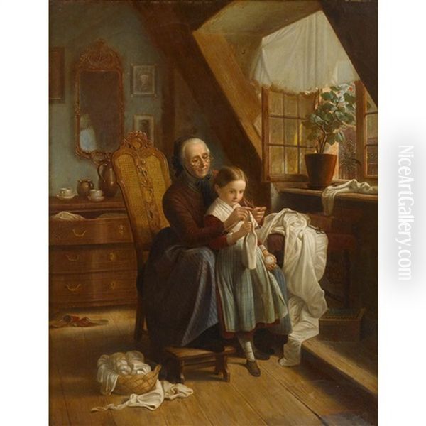 The Sewing Lesson Oil Painting by Johann Georg Meyer von Bremen