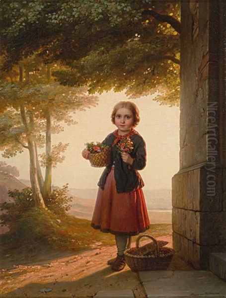 Portrait Eines Kleinen Madchens Mit Blumen. Meisterlich Oil Painting by Johann Georg Meyer von Bremen