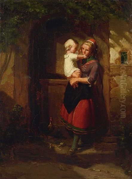 Mutter Mit Kind An Der Hausture Oil Painting by Johann Georg Meyer von Bremen