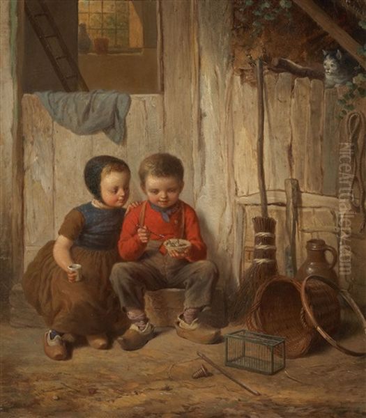 Two Children With Holding Bird's Nest Oil Painting by Johann Georg Meyer von Bremen