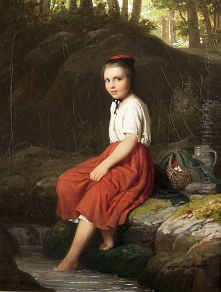 Girl At The Creek Oil Painting by Johann Georg Meyer von Bremen