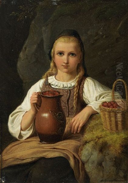 Junges Madchen In Tracht Mit Erdbeeren Im Korb Und Krug by Johann Georg Meyer von Bremen