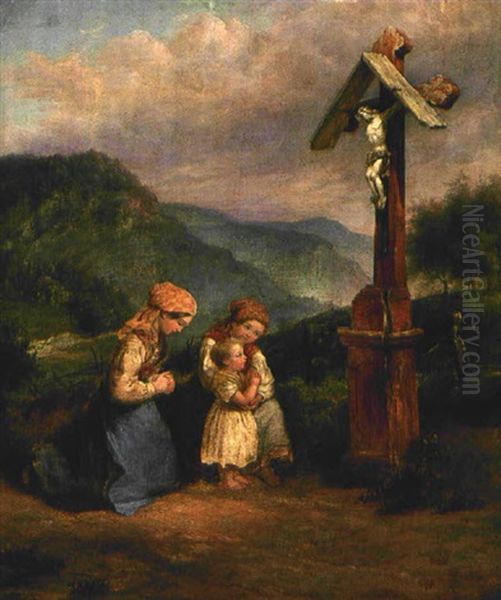 Betende Kinder Vor Einem Feldkreuz Oil Painting by Johann Georg Meyer von Bremen