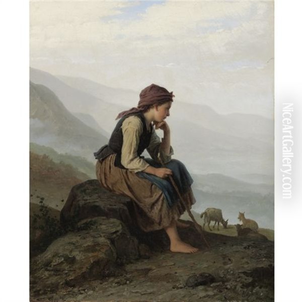 Die Ziegenhirtin (the Little Goat Herder) Oil Painting by Johann Georg Meyer von Bremen