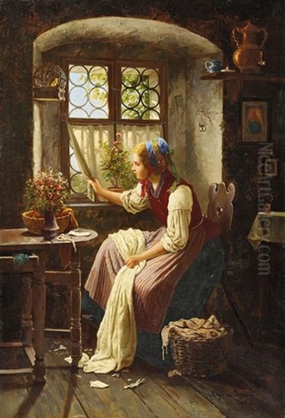 Madchen Am Fenster (erwartung) Oil Painting by Johann Georg Meyer von Bremen