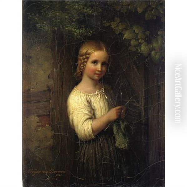 Knitting Girl Oil Painting by Johann Georg Meyer von Bremen