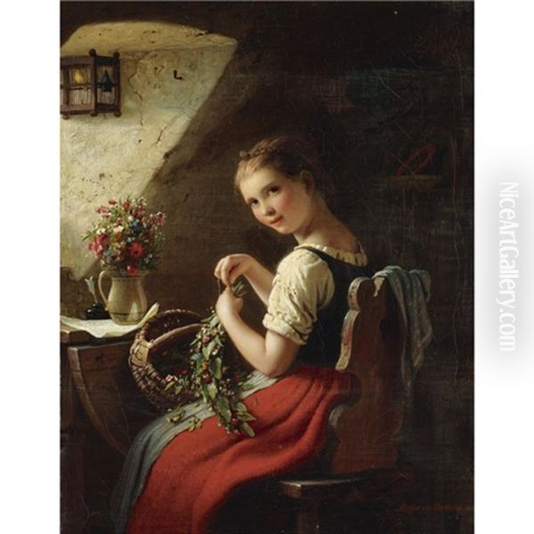 Making A Bouquet Oil Painting by Johann Georg Meyer von Bremen