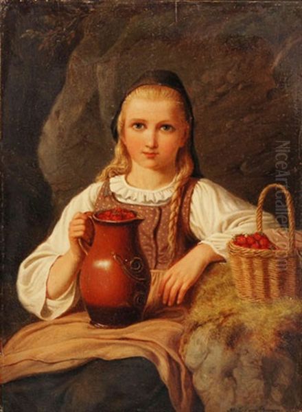 Sitzendes Madchen Mit Blonden Zopfen, Einen Krug Mit Erdbeeren In Der Hand Haltend Oil Painting by Johann Georg Meyer von Bremen