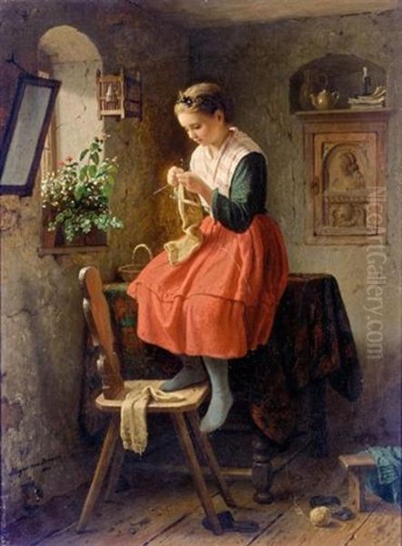 Strickendes Madchen (girl Knitting By A Window) Oil Painting by Johann Georg Meyer von Bremen