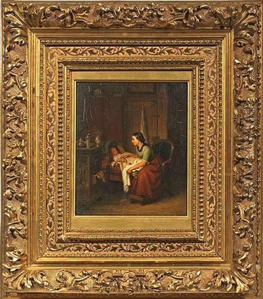 Stubeninterieur - Eine Mutter Wacht An Der Wiege Ihres Schlafenden Kindes Oil Painting by Johann Georg Meyer von Bremen