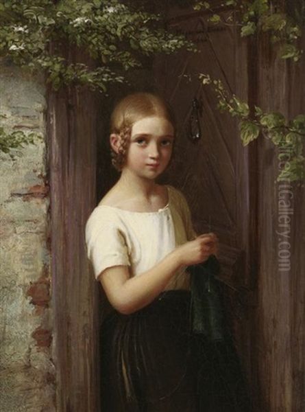 Madchen Mit Strickzeug Oil Painting by Johann Georg Meyer von Bremen