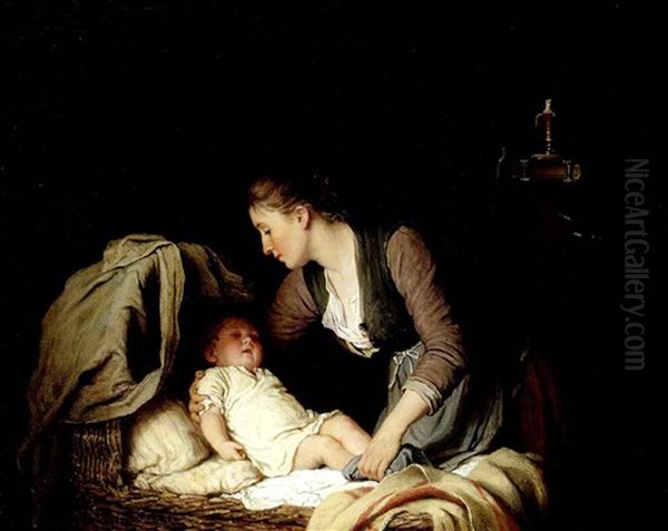 Junge Mutter Ihr Kind In Eine Korbwiege Legend Oil Painting by Johann Georg Meyer von Bremen