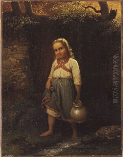 Madchen Mit Krug Am Bachlein Oil Painting by Johann Georg Meyer von Bremen