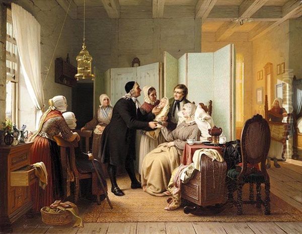 Der Wochenbesuch (the First Visit To The Newborn) Oil Painting by Johann Georg Meyer von Bremen