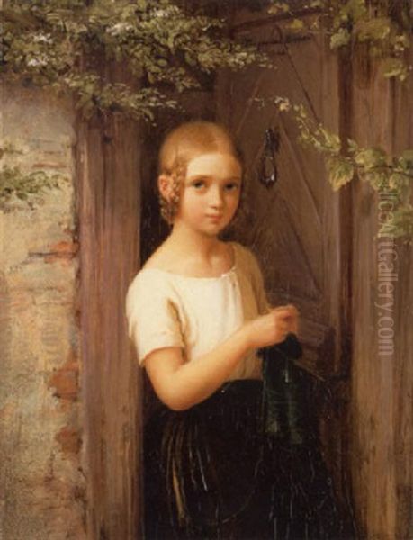 Strickendes Madchen Vor Einer Hausture Oil Painting by Johann Georg Meyer von Bremen