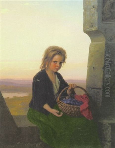 Kleines Bauermadchen Mit Einem Blumenkorb In Einer Fensterlaibung Sitgzend Oil Painting by Johann Georg Meyer von Bremen