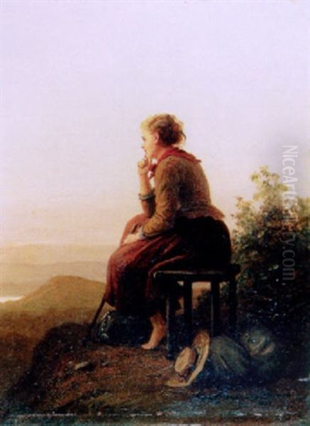 Abendlandschaft Mit Rastendem Madchen Oil Painting by Johann Georg Meyer von Bremen