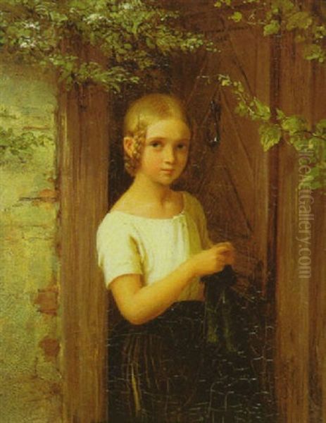 Kleines Madchen Mit Strickzeug, In Der Laubumrankten Hausture Stehend Oil Painting by Johann Georg Meyer von Bremen