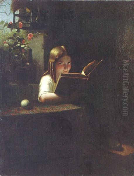 A Young Girl Reading Oil Painting by Johann Georg Meyer von Bremen