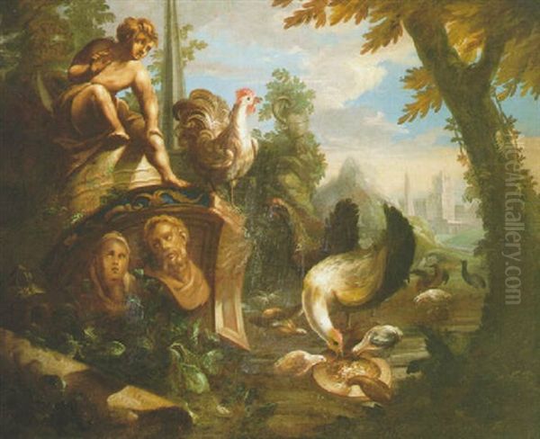 Chickens Feeding By Sculptures And Classical Ruins In A Landscape Oil Painting by Johann Georg Meyer von Bremen