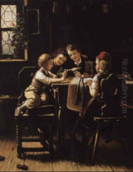 Enfants Jouant A Table Oil Painting by Johann Georg Meyer von Bremen