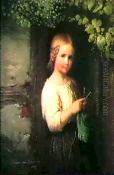 A Young Girl Knitting Oil Painting by Johann Georg Meyer von Bremen