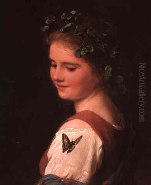 Young Woman And Butterfly Oil Painting by Johann Georg Meyer von Bremen