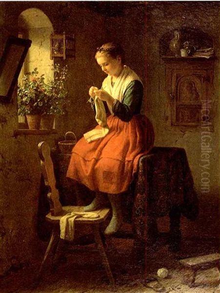 Strickendes Madchen Oil Painting by Johann Georg Meyer von Bremen