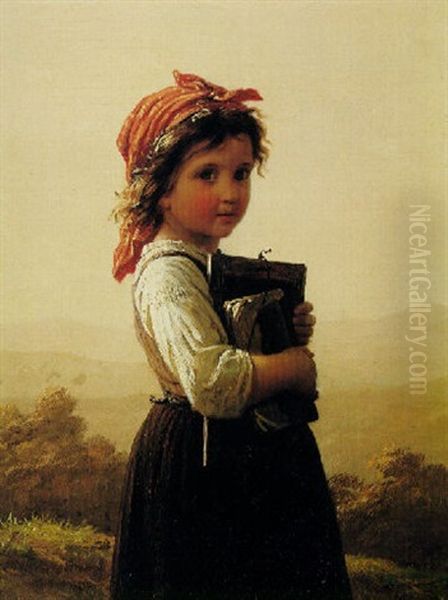 A Little Schoolgirl Oil Painting by Johann Georg Meyer von Bremen