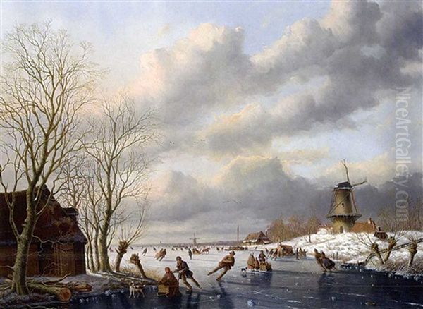 A Winter Landscape With Skaters On A Frozen River, A Windmill Beyond Oil Painting by Anthony Andreas de Meyer