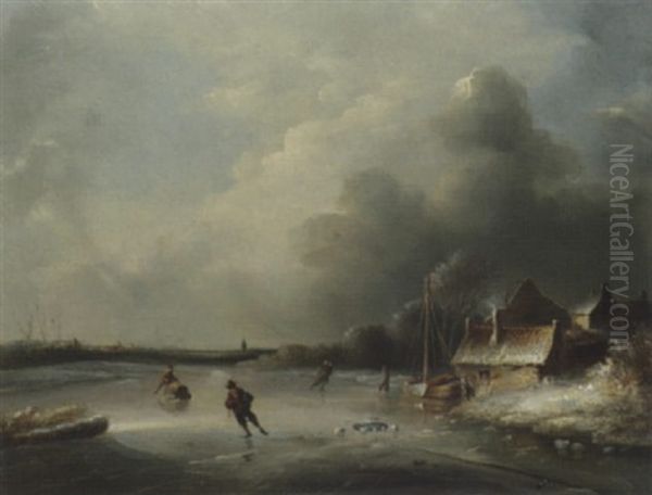 A Frozen Waterway With Figures Skating Oil Painting by Anthony Andreas de Meyer