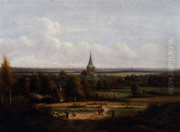 A Panoramic View Of A Valley With A Village In The Foreground Oil Painting by Anthony Andreas de Meyer