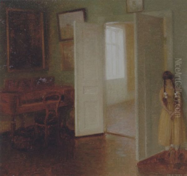 Interior Med Lille Pige, Der Lurer Oil Painting by Carl Vilhelm Meyer